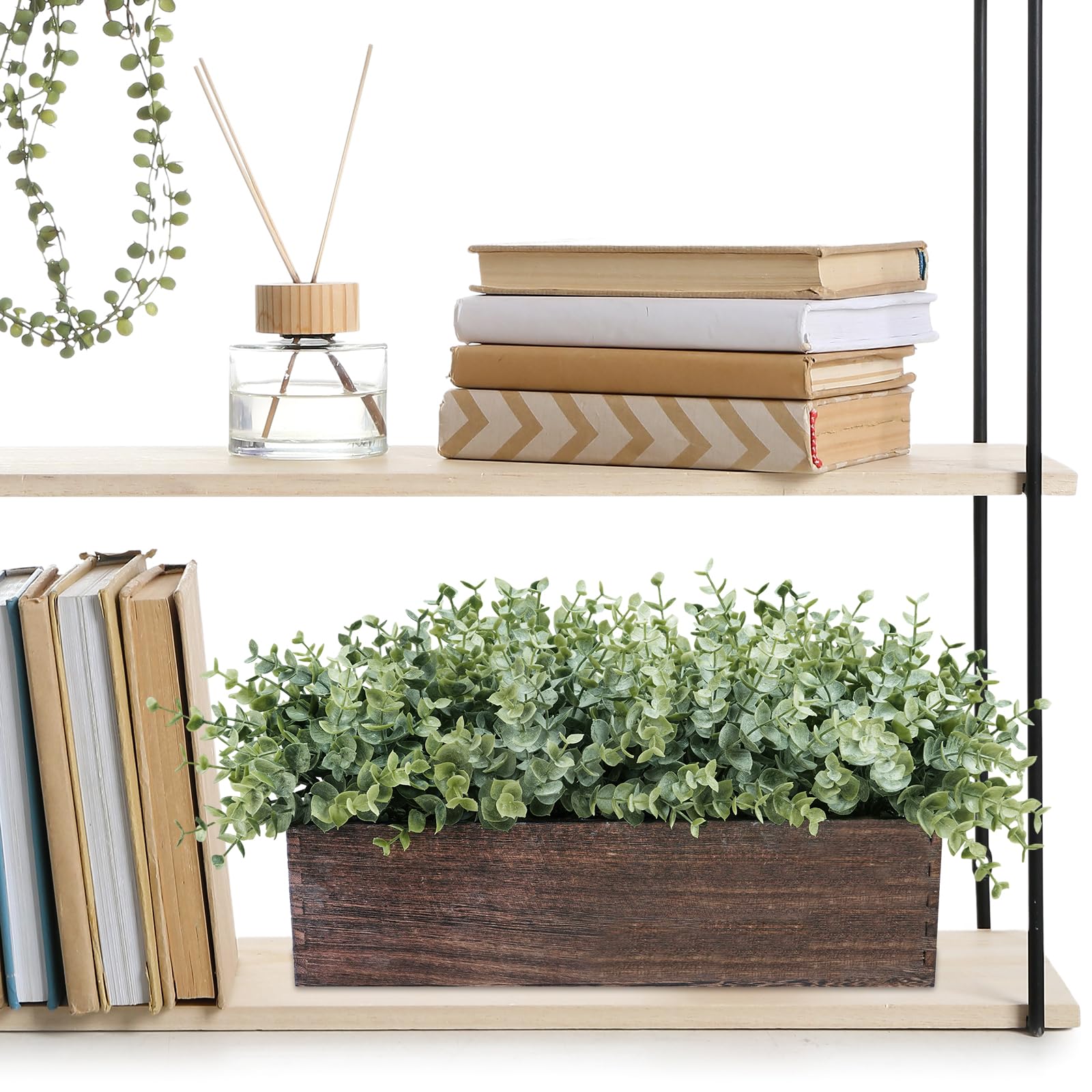 Eucalipto artificial de 14 pulgadas en maceta rectangular de madera, arreglo de plantas sintéticas, planta de eucalipto en maceta de madera para granja, boda, comedor, centro de mesa, 9