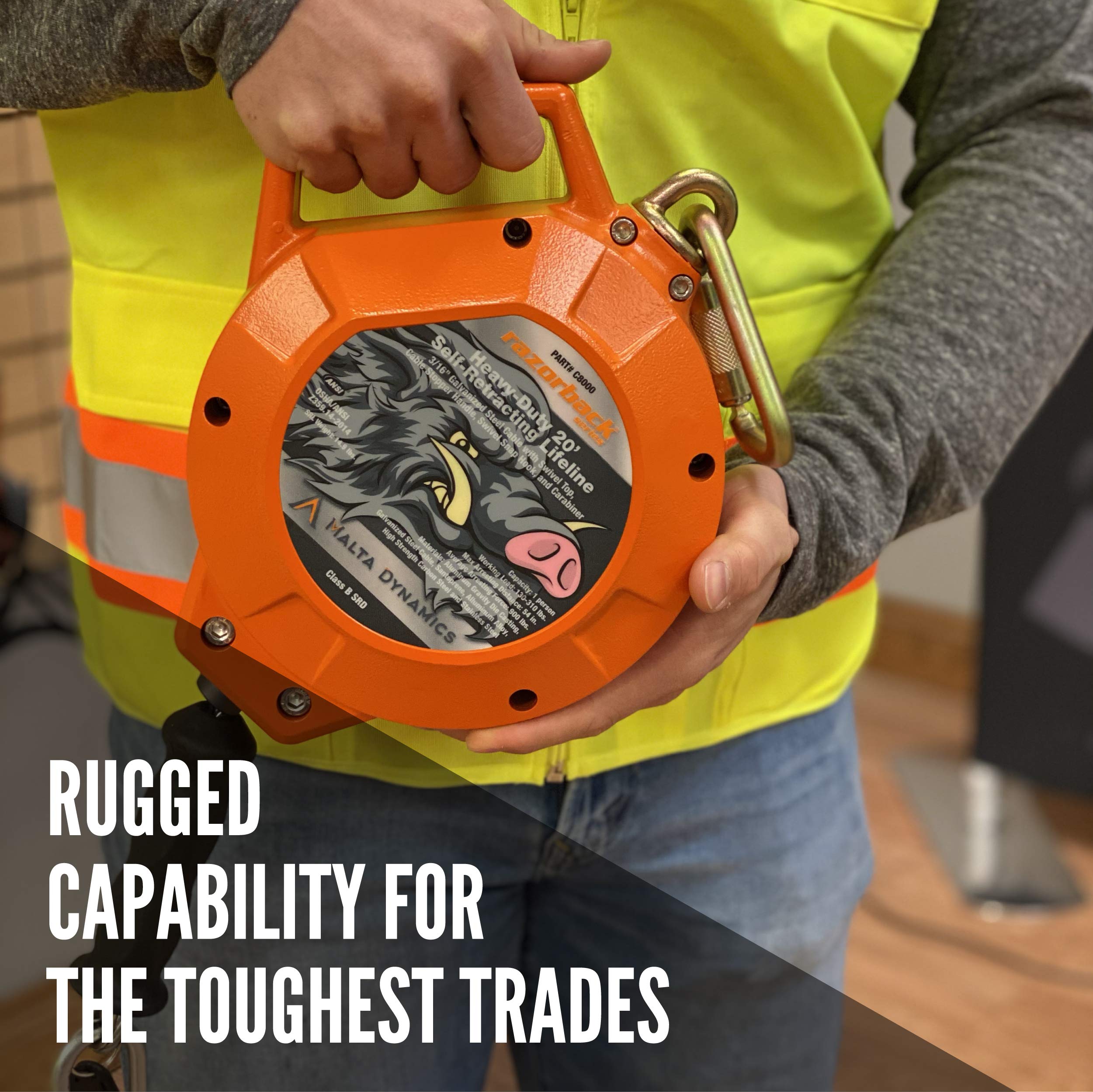 Malta Dynamics Razorback 20' HeavyDuty Self Retracting Lifeline, Quick