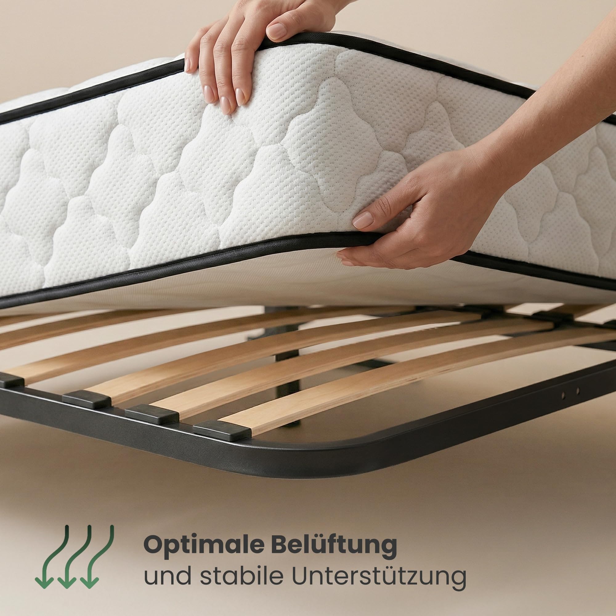 AKORD Metall-Lattenrost 140x200 cm mit Gasdruckfeder Hebemechanismus, 28 Holz-Leisten, Geteilter Bettrahmen bis 200kg belastbar, Schwarz