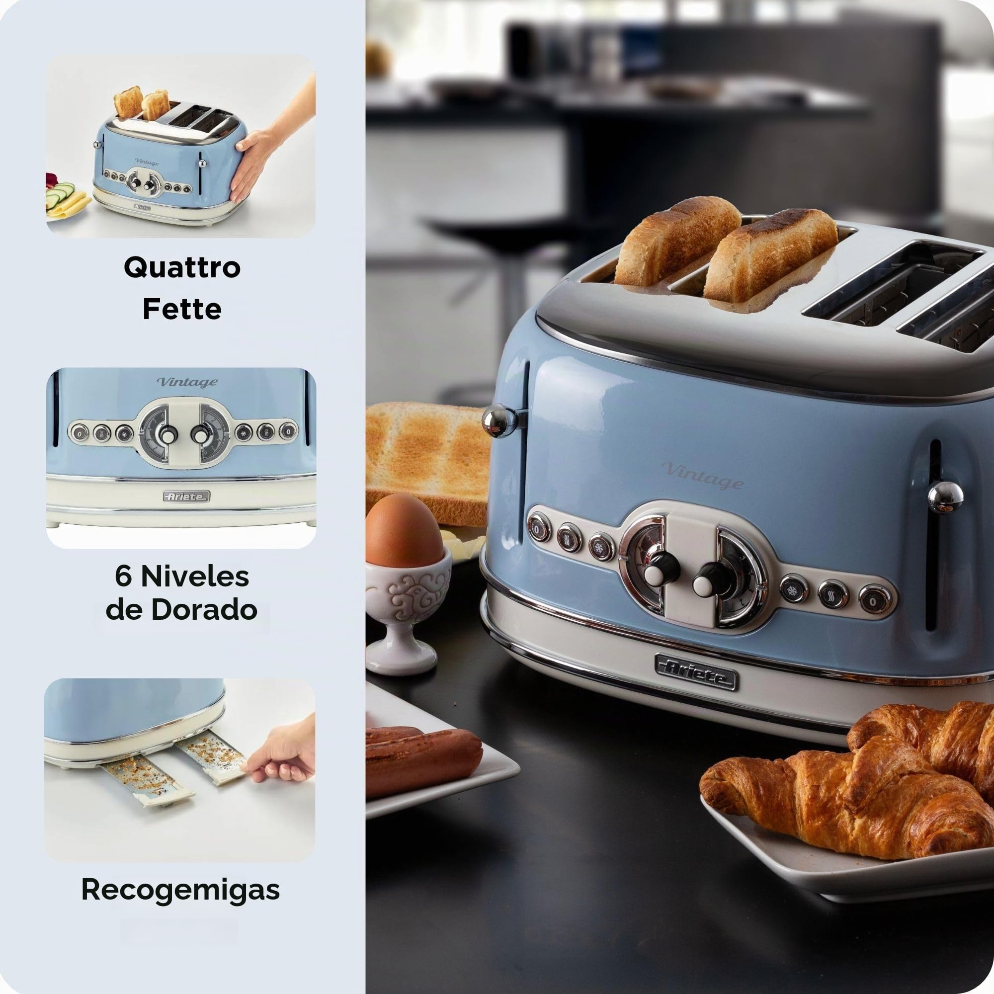 Ariete 156/05 - Tostador 4 ranuras paredes frías, sistema expulsión automática, 1600 W, acero inoxidable, pies antideslizantes, azul pastel