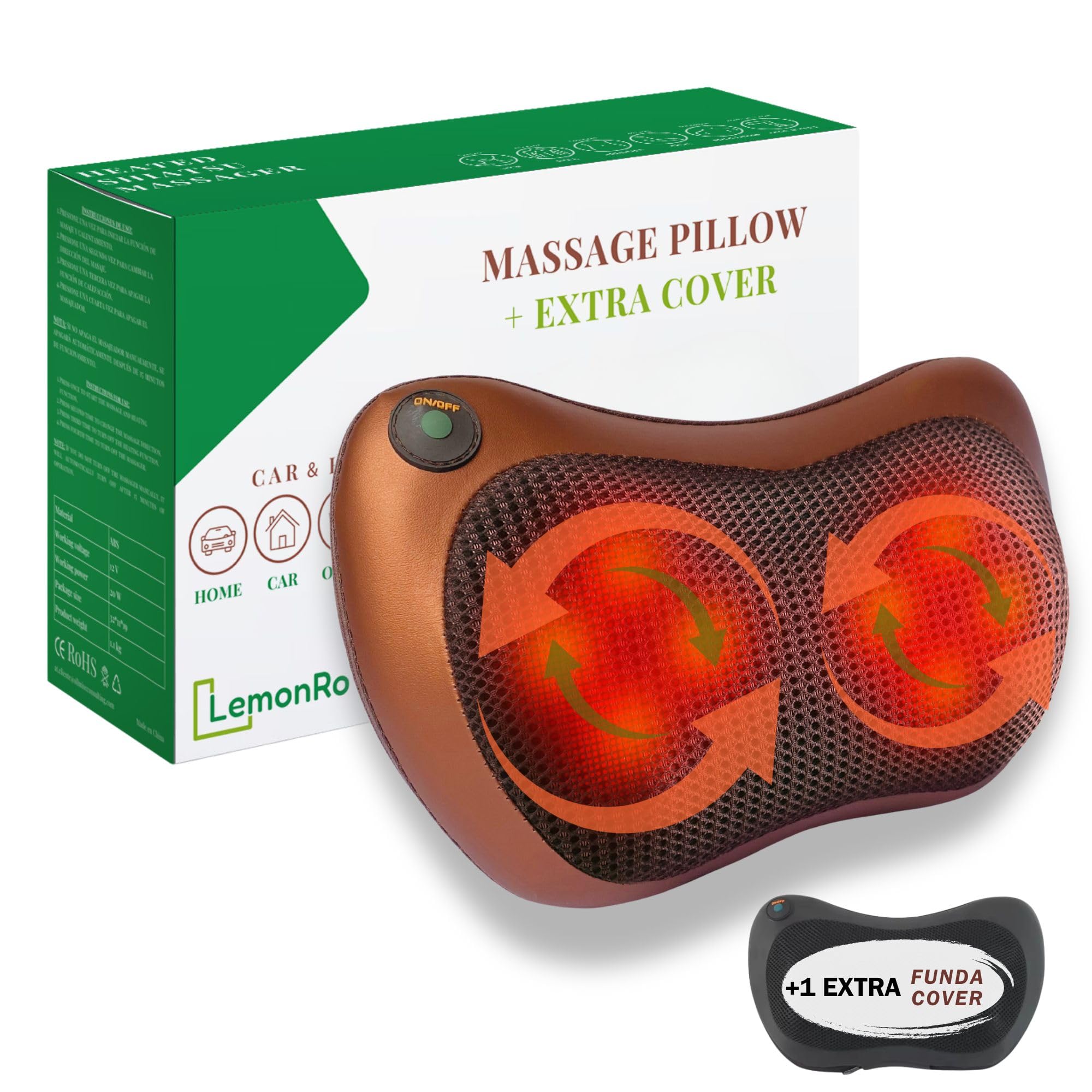 Neck Massager and Back, Electric Cushion with Heat and an Extra Cover (Black) - Neck Pillow and Neck Pillow, Two-Way Shiatsu Massage with 8 Rollers, Ideal for Home, Office, Car or Travel