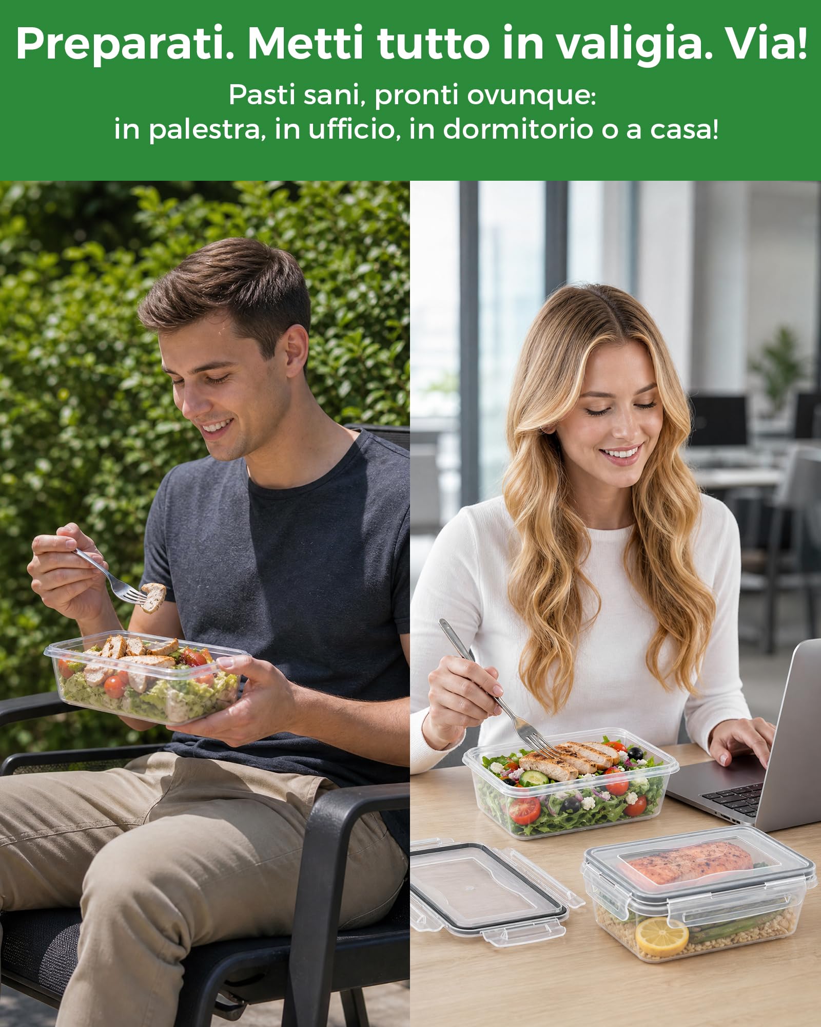Contenitori Ermetici per Alimenti con Coperchio - Senza BPA, meal prep Contenitore per Microonde, Set Contenitori per Alimenti, Compatibile Congelatore e Lavastoviglie, 1L x 5 Pezzi + 0,52L x 5 Pezzi
