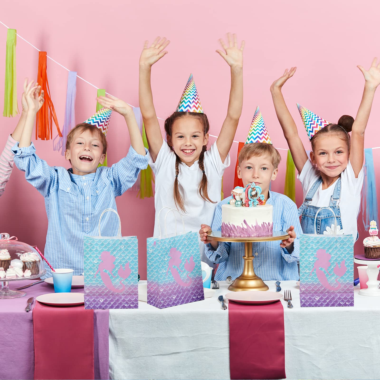 Jectivs 16 Piece Mermaid Birthday Party Favor Bags - Kraft Paper Gift Bags with Handles for Kids' Little Mermaid Themed Baby Shower Party Supplies