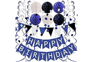Navy Blue White Black Happy Birthday Banner&Cute Flag Bunting Paper Circle Confetti...