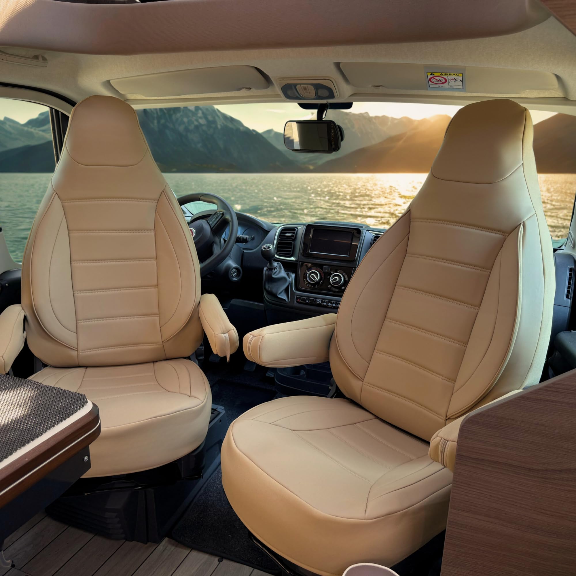 Lot de 2 housses de siège compatibles avec Fiat Ducato, camping-car, pour conducteur et passager, avec housses d'accoudoir, pour Pössl, Knaus, Adria, Carthago - Beige