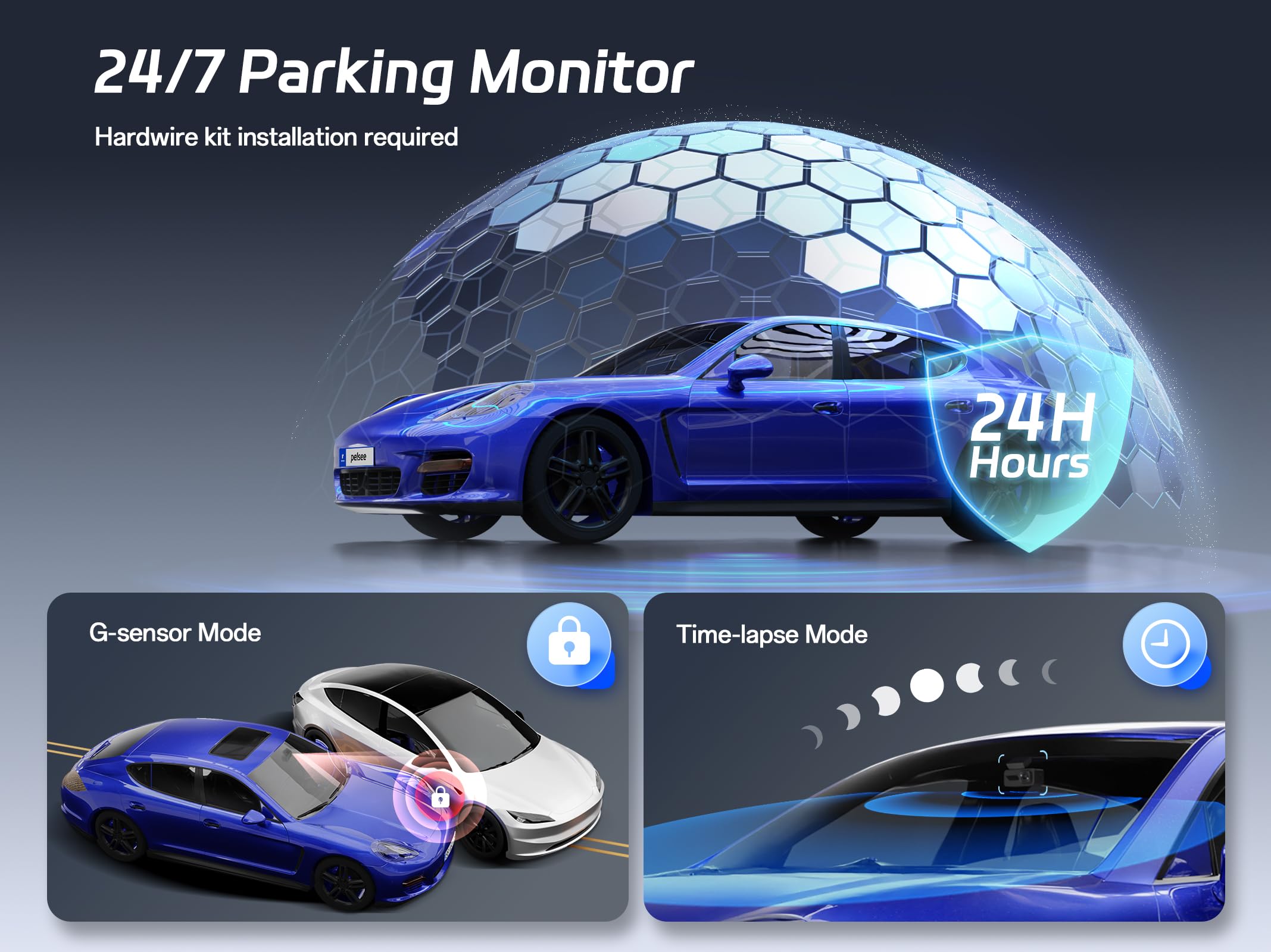 Pelsee 4K Dashcam Auto Vorne Hinten mit STARVIS 2 Sensor, 3.39'' IPS Display dashcam Auto mit 24H Parküberwachung, 5.8GHz WiFi, HDR WDR, ADAS, GPS, Vollfarben-Nachtsicht mit WiFi, 64GB SD Karte