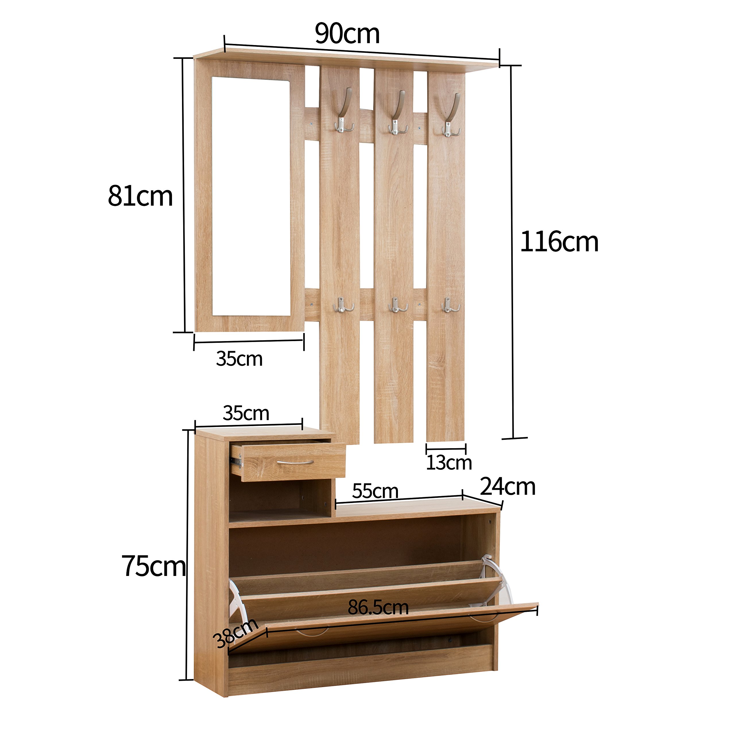 Cherry Tree Furniture Oak Colour Hall Tree Coat Stand Shoe Storage Unit