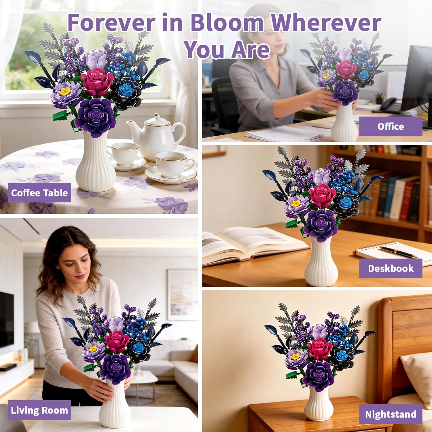 759 Pcs Purple Rose Flower Bouquet Building Set, Botanical Collection Kit Artificial Fake Flowers Blocks, Home Table Decor Aesthetic for Valentine's Day Birthday, DIY Craft, Floral Gift Without Vase