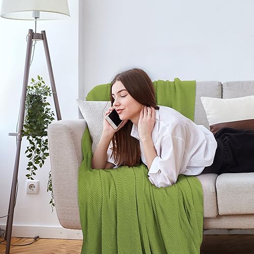 Miniatura 4 de PiccoCasa Manta de punto 100 % algodón, mantas decorativas ligeras y sólidas, manta de punto suave para sofá, verde hierba, 50 x 70 pulgadas