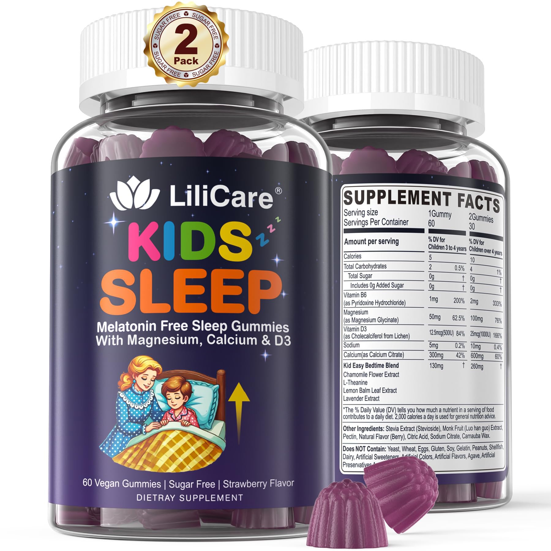 Kids Sleep Gummies - Magnesium Glycinate Gummies, Melatonin Free Sleep Aid | Magnesium, Calcium, D3, B6, L Theanine | Kid Melatonin Alternative for Restful Sleep (Pack of 2)
