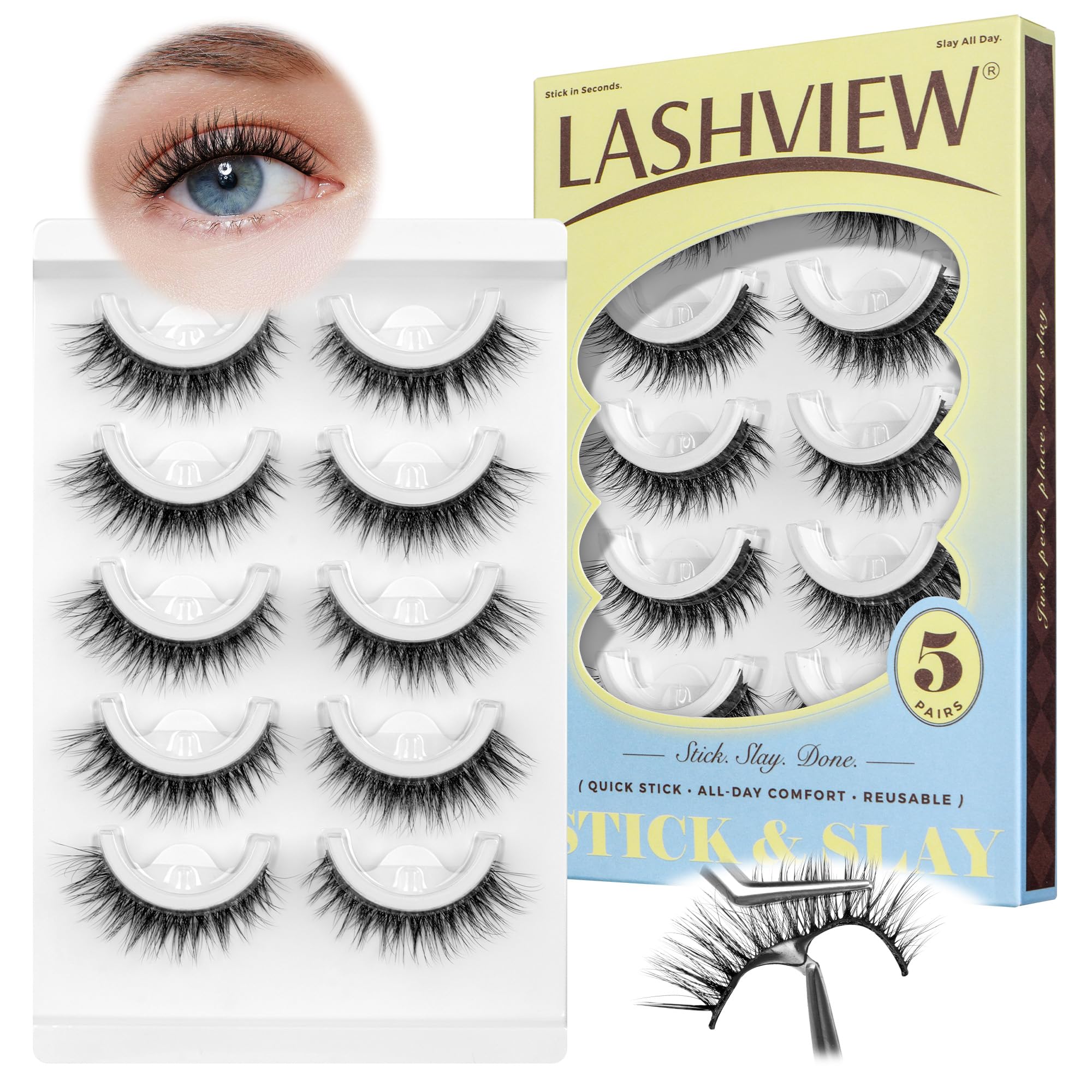 LASHVIEW Self Adhesive Eyelashes, 5 Pairs Natural Look Press On Lashes No Glue Need Eyelashes Reusable Cat Eye Wispy Self-adhesive False Lashes with Replacement Adhesive Strips (C122)