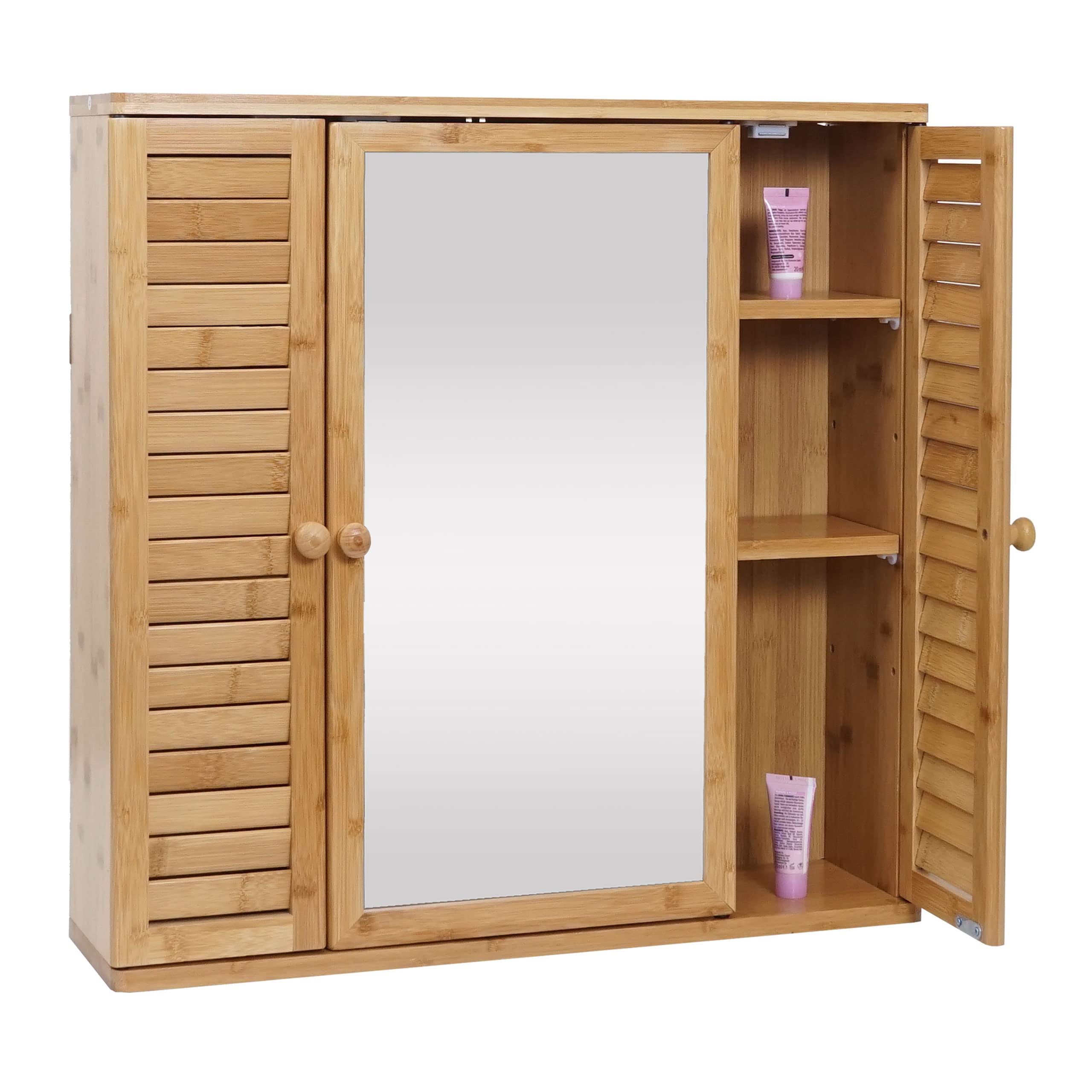 Mendler Szafka z lustrem HWC-B18AM, szafka z lustrem łazienkowym, szafka wisząca, 3 półki, 3 drzwi, lustro bambusowe, 60 x 60 x 15 cm