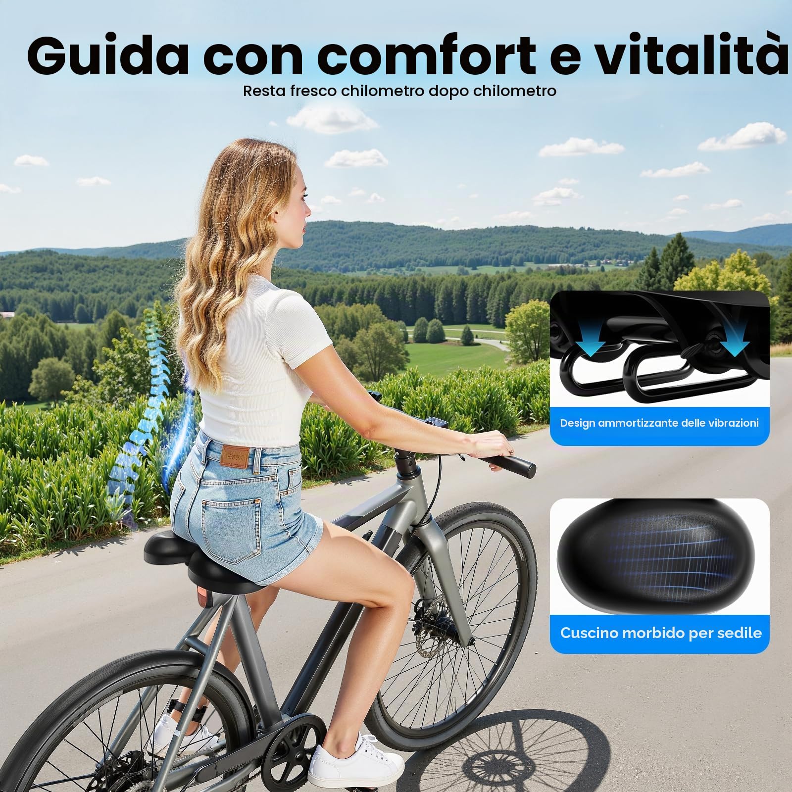 Sella per bicicletta extra larga, senza naso, ergonomica, con assorbimento degli urti, regolabile, 22-25 cm, per uomo e donna, mountain bike, bici da città