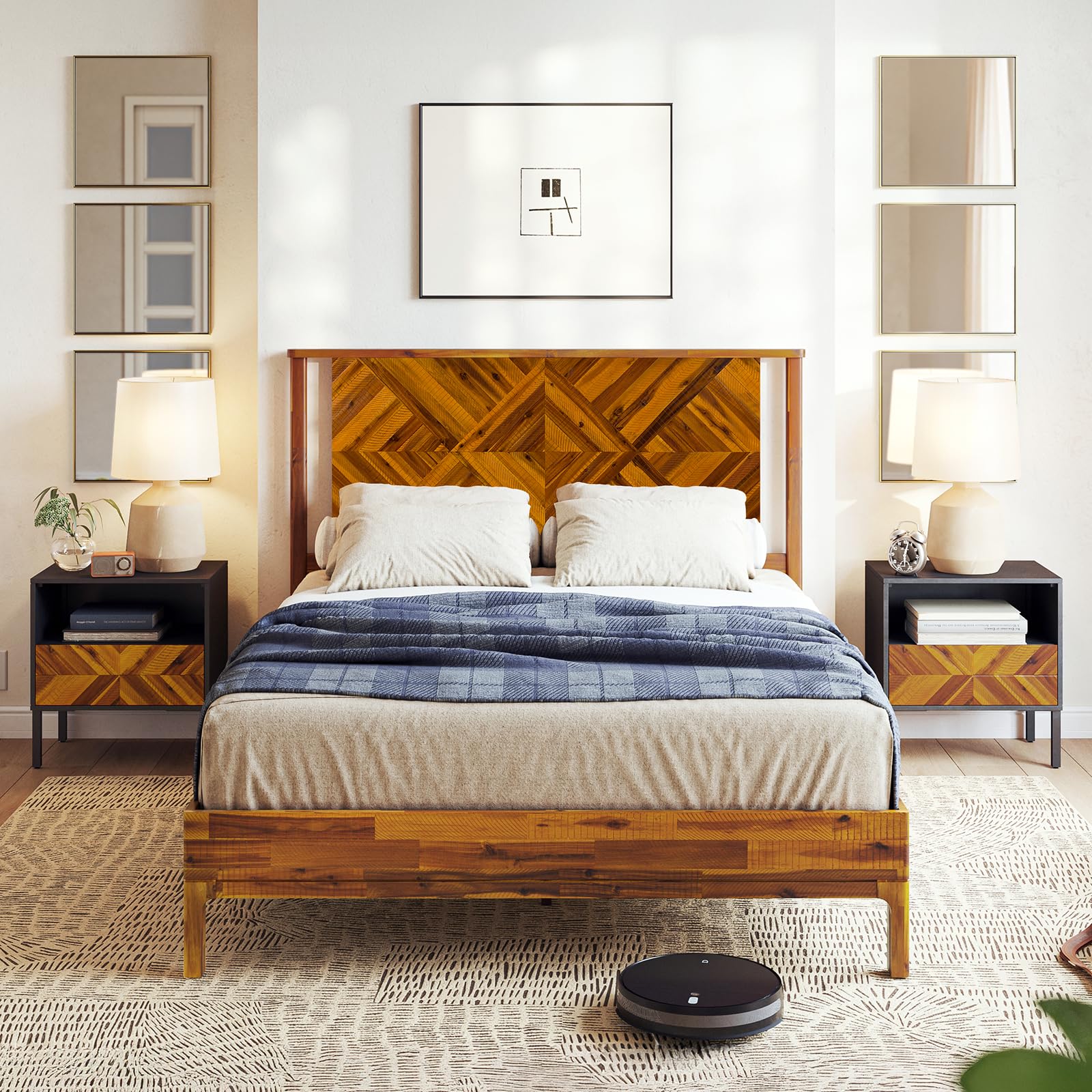 Photo 1 of Bme Ethan Queen Bed Frame with Diamond Headboard, Mid Modern, Solid Acacia Wood, No Box Spring Needed, Fits All Mattresses, Rustic Caramel