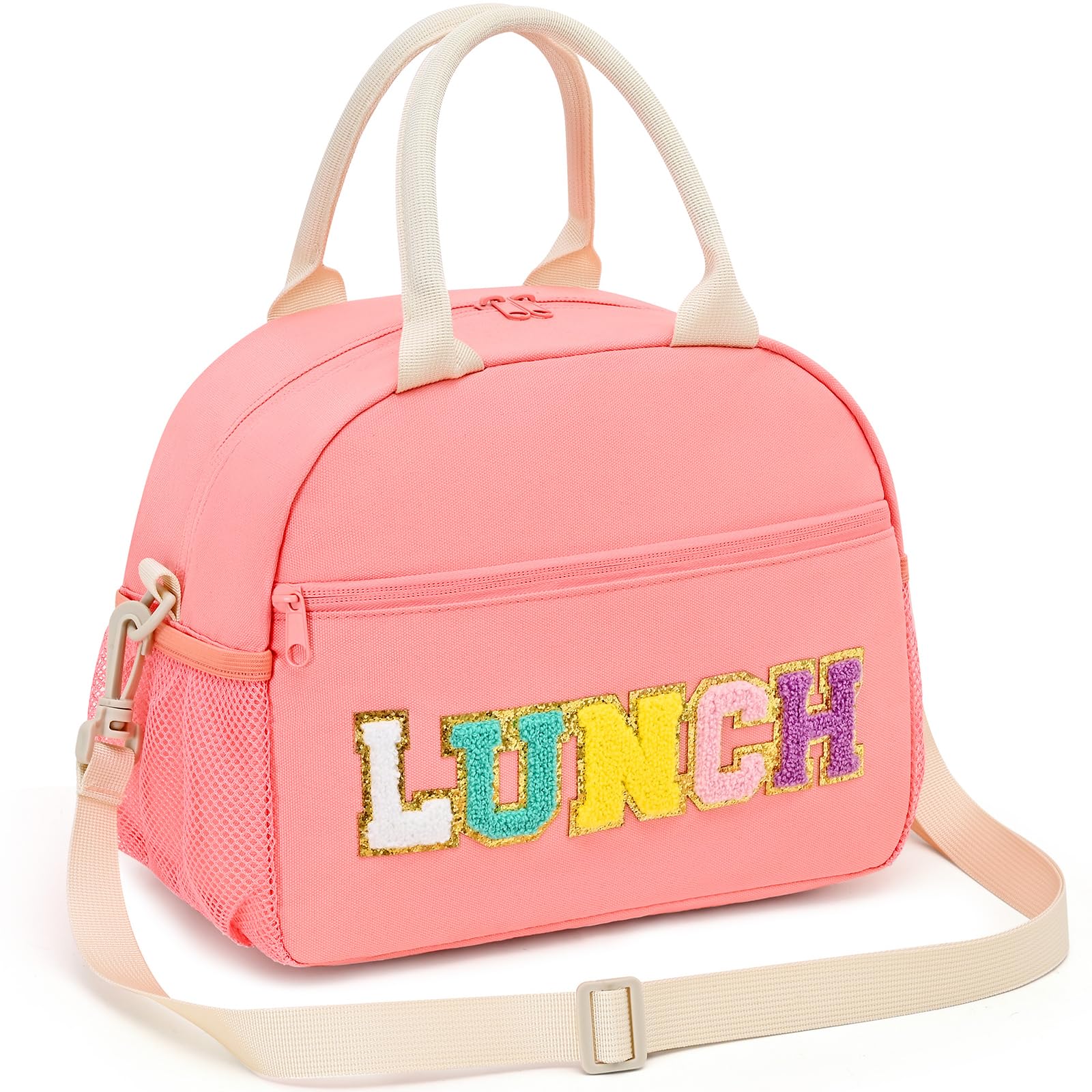 Beaulyn Lunch Bag for Women, Preppy Lunch Box for Girl, Large Insulated Lunch Bag with Adjustable Shoulder Strap, Reusable Lunch Tote Bag with Chenille Letter for Work School Picnic