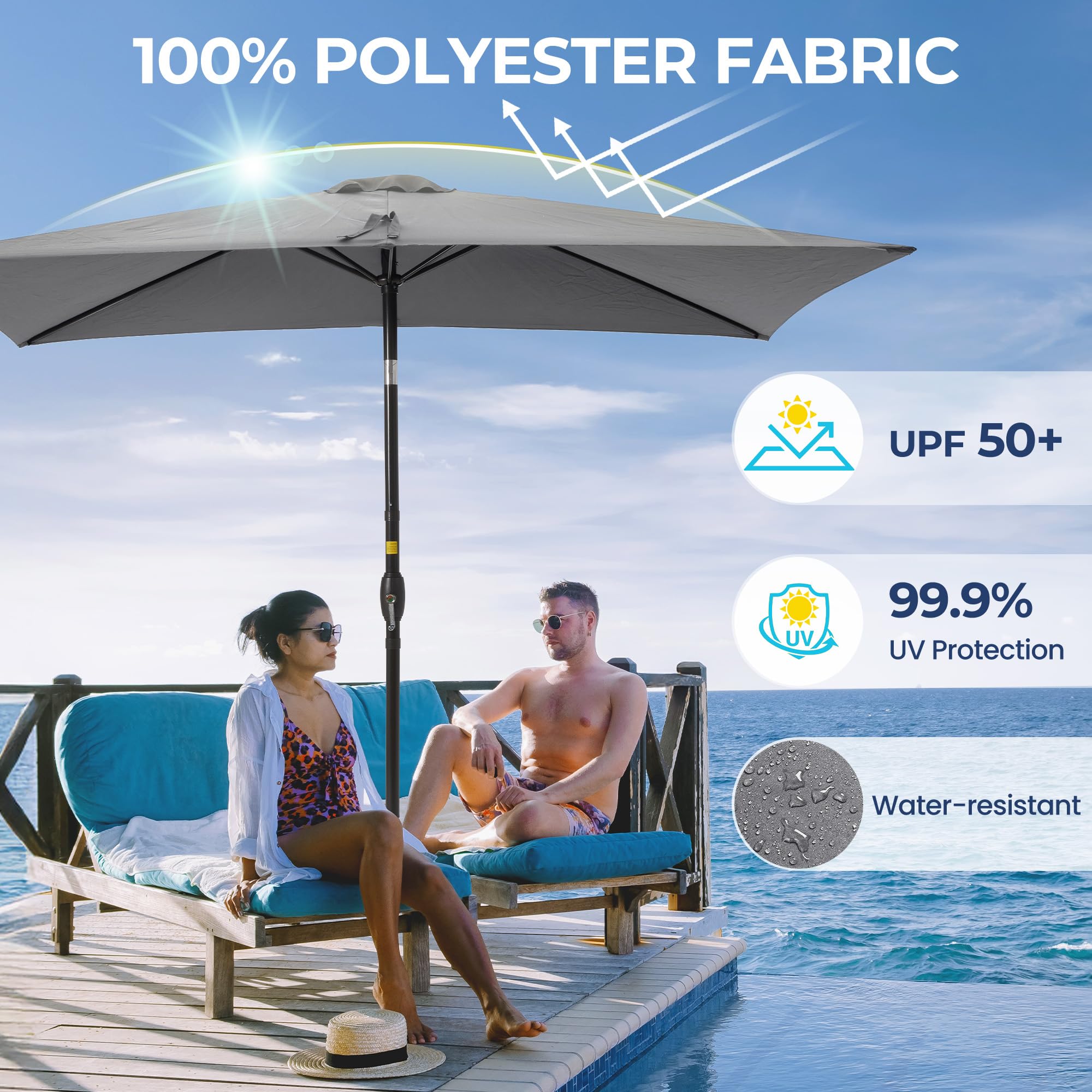 SUNVIVI OUTDOOR Sombrilla rectangular de 6.5 x 10 pies, poste de aluminio, sombrilla de mercado para mesa al aire libre con manivela, 6 varillas de acero, toldo de poliéster, color gris