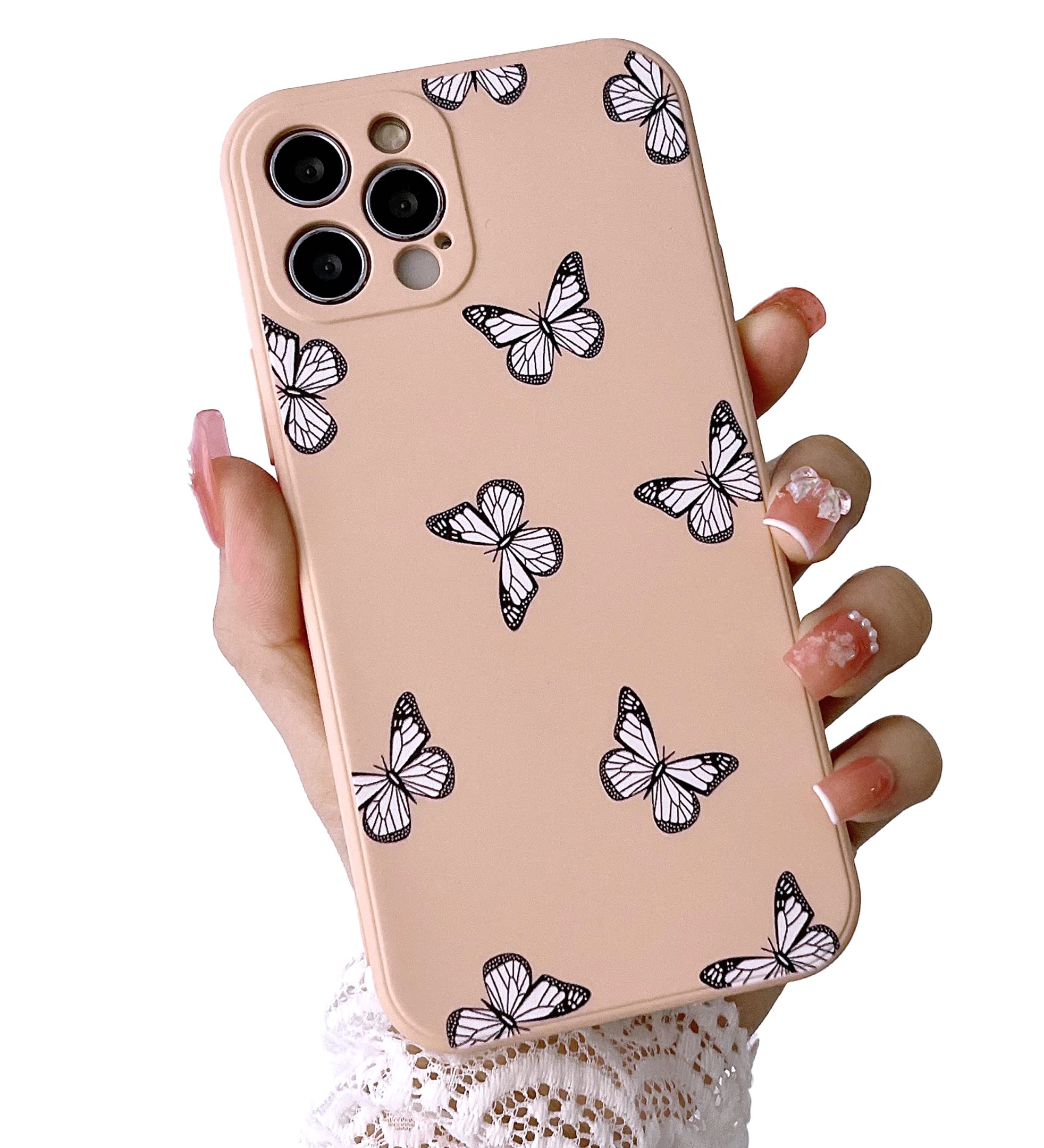 YIKUSO Compatible with iPhone 12 Pro Case Liquid Silicone Gel Rubber Phone Cases, Cover 6.1 Inch Full Body Protective Case Cute for Women Kawaii Butterfly(Pink)