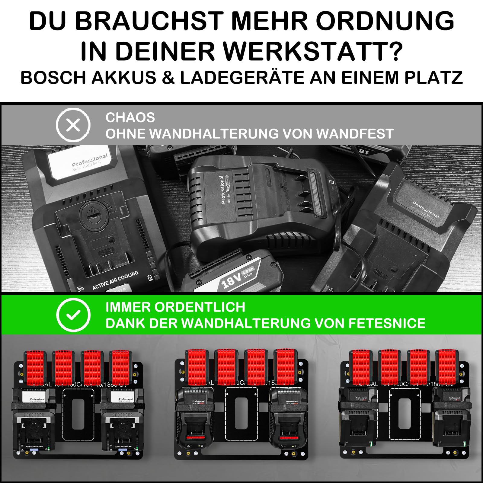 Support mural en métal pour Bosch, support de batterie professionnel et chargeur 18 V, stable pour batterie Bosch, matériel de montage de qualité supérieure, rangement
