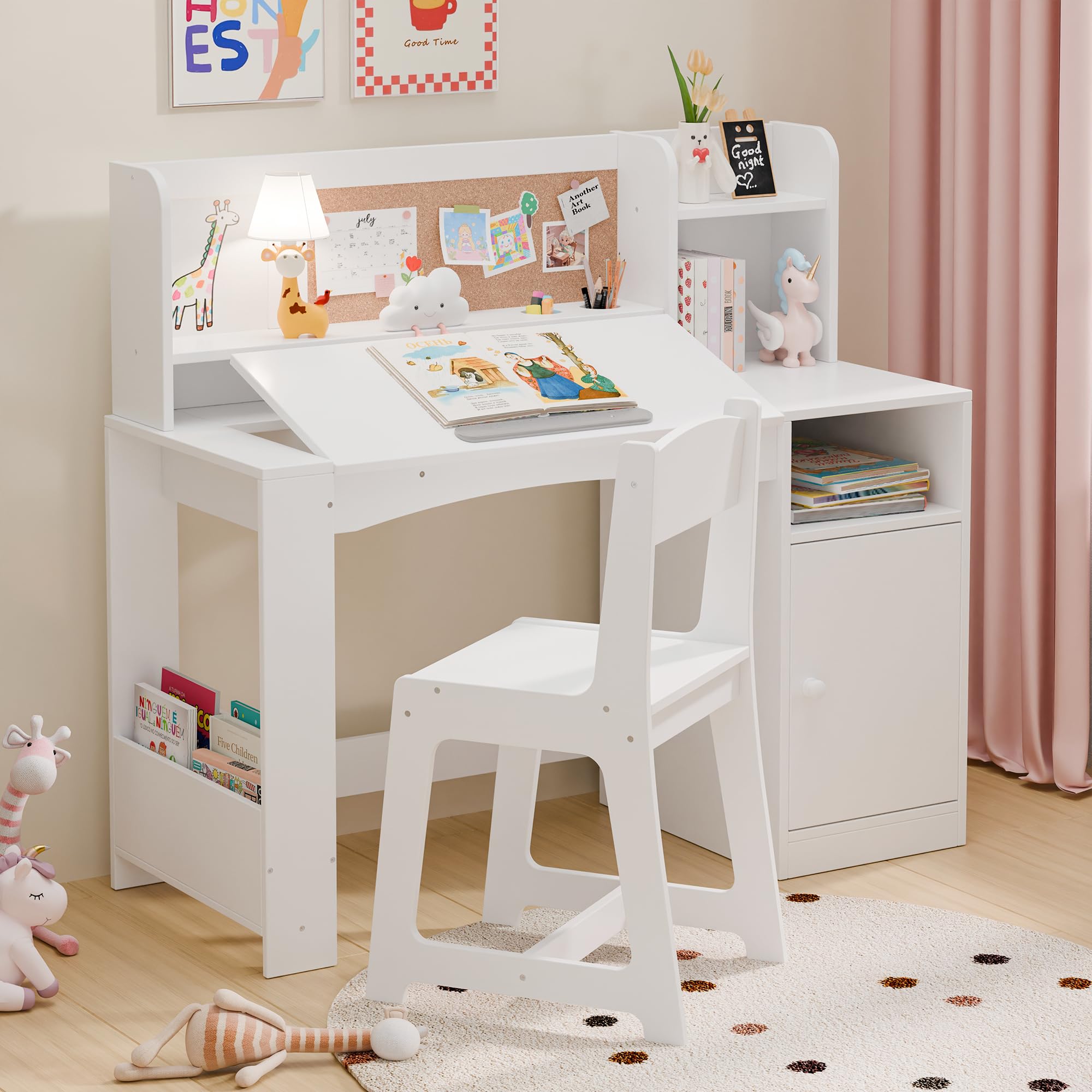 Kids Study Desk with Chair and Tiltable Desktop, Kids Stud Des and Chair Set with Hutch&Storage Cabinet, Wooden Children Study Table for 5-12 Years
