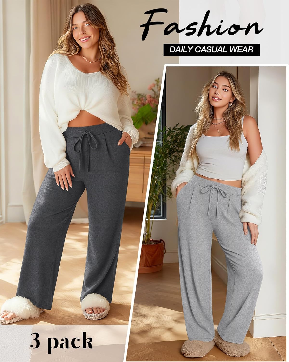 3 Pack Women's Plus Size Wide Leg Yoga Pants, Drawstring Lounge Sweatpants Loose Casual Workout Pants with Pockets - Image 6