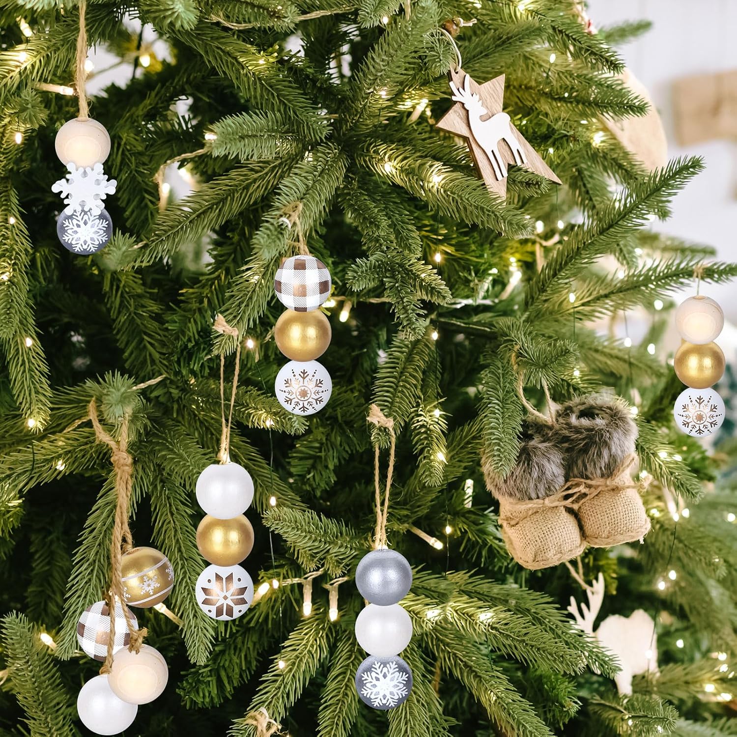 Whaline 210Pcs Golden Wood Beads Winter Gold Silver White Snowflake Pattern Wood Craft Beads Rustic Farmhouse Tiered Tray Decor Garland for Xmas DIY Making Bracelet Necklace Home Decor 10Styles - Image 7