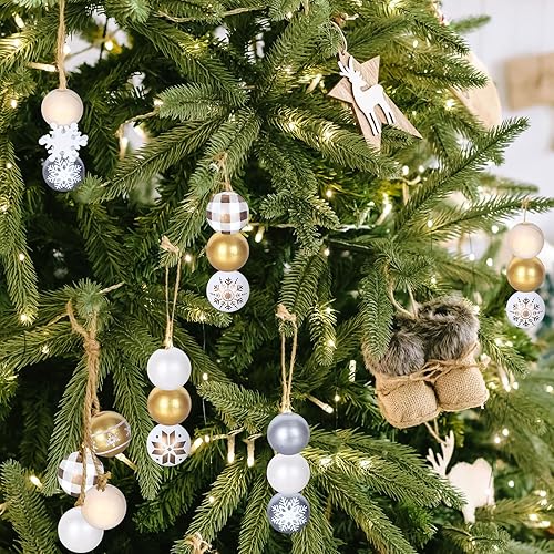 Miniatura 7 de Whaline 210 cuentas de madera de Navidad para invierno, doradas, plateadas, blancas, con patrón de copos de nieve, cuentas rústicas para decoración