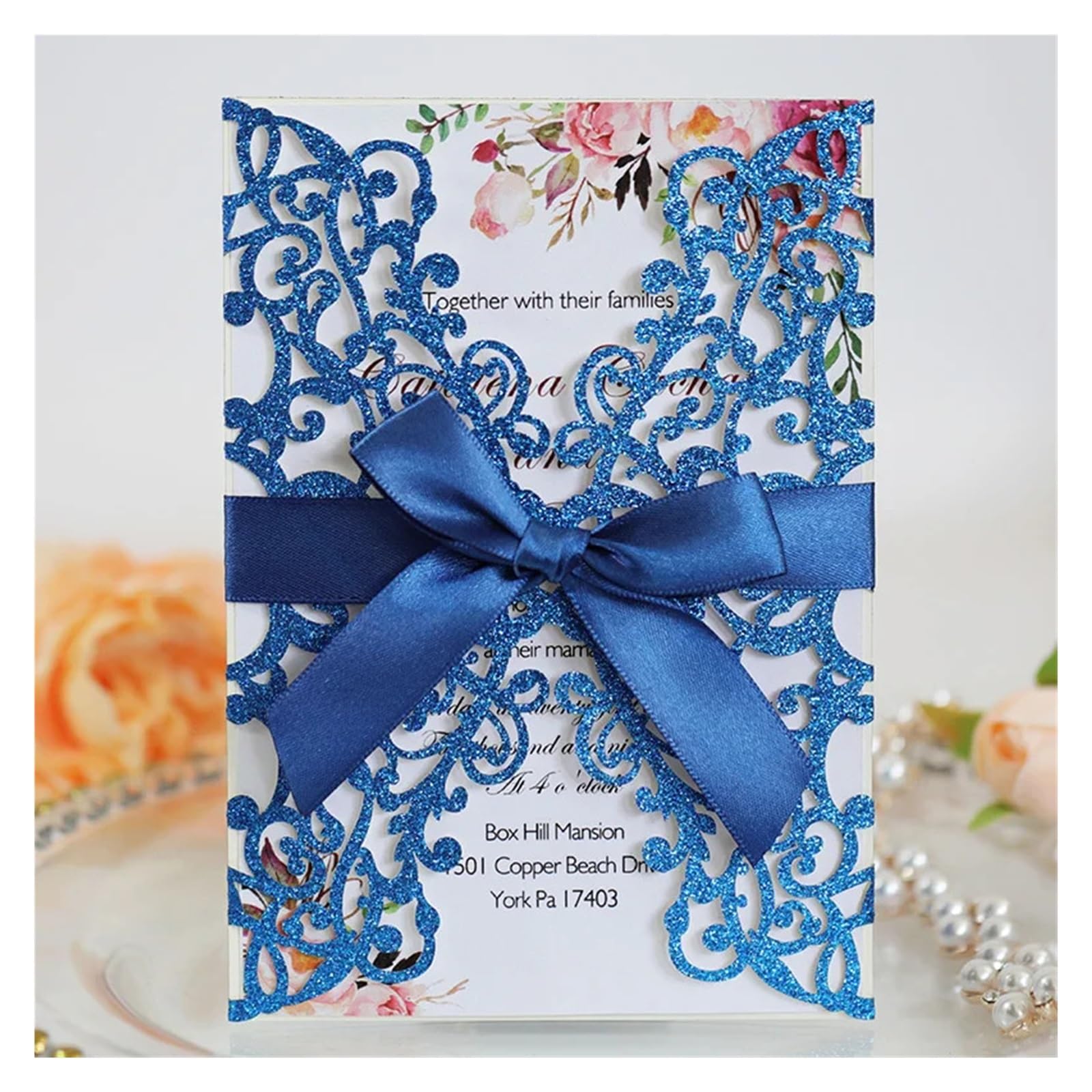 Invitaciones Boda 25/50pcs Glitter Paper Wedding Invitations Card Lace Flower Greeting With Ribbon Brithday Party Supplies(Only Silver Cover,50pcs)