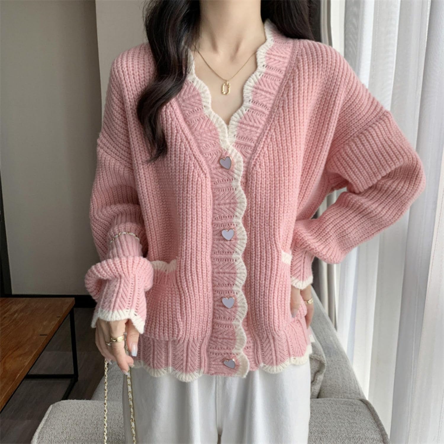 FindThy Women’s Cute Cardigan Sweater Kawaii V-Neck Long Sleeve Heart Button Color-Blocked Knit Outerwear - Image 2