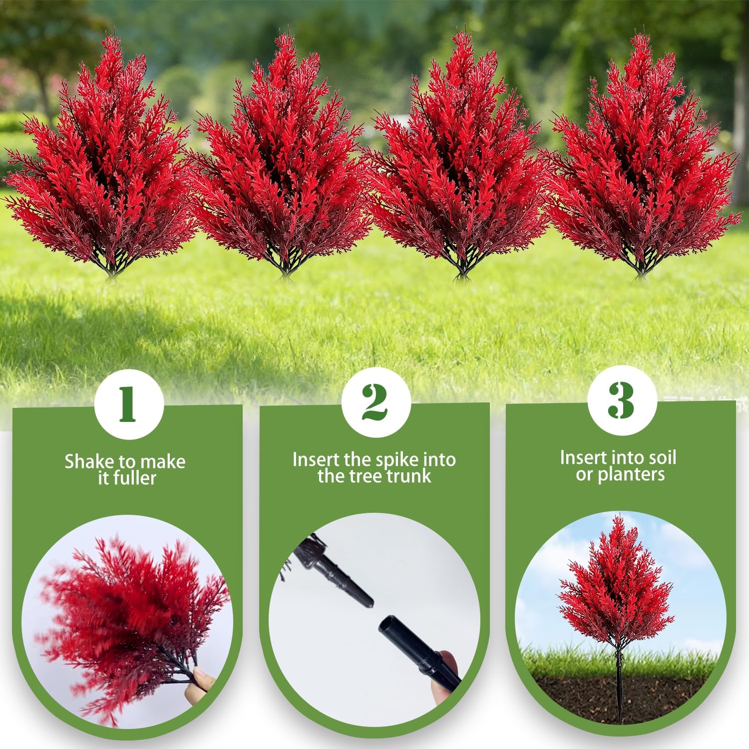 4 Pack Fall Artificial Cedar Topiary Trees with Spikes, Outdoor UV Resistant 16.2" Fake Plants, Faux Cypress Shrubs for Front Porch Planters, Patio, Garden Home Autumn Decor-Vibrant Red