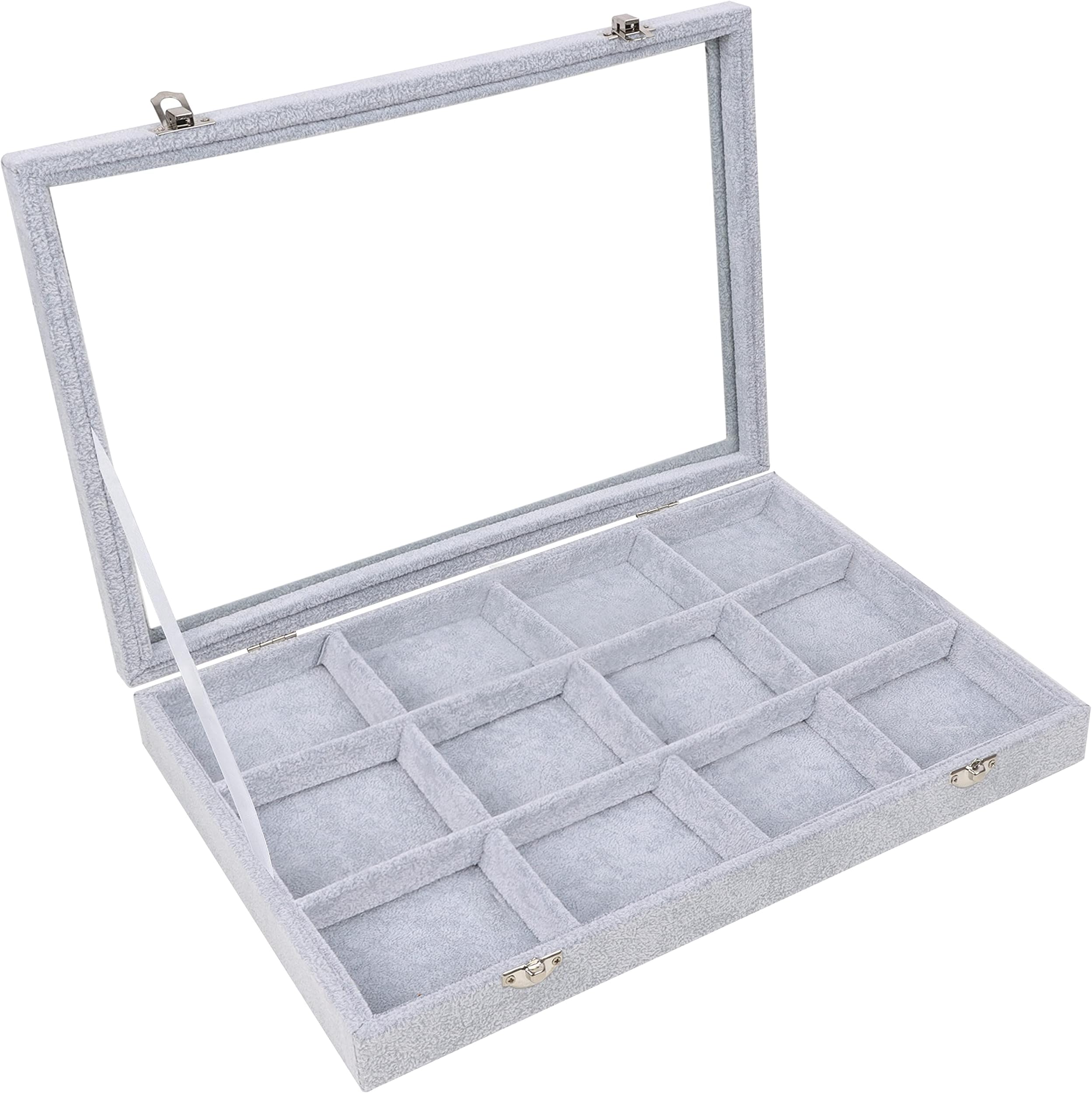 Belle Vous Grey Velvet Jewellery Organiser Display Case Storage Box with 12 Sections & Glass Lid Stackable Tray for Drawer - Adjustable Storage Grids for Rings, Necklaces, Bracelets, Earrings, Watches