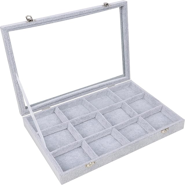 Jewellery Organiser - Jewellery Box with 12 Compartments ( 35.2 x 24 x 4.7 cm) Ring Display Case with Velvet Lining - Transparent Lid Closure for Pendant, Earrings, Bracelets, Nose Studs, Cufflinks