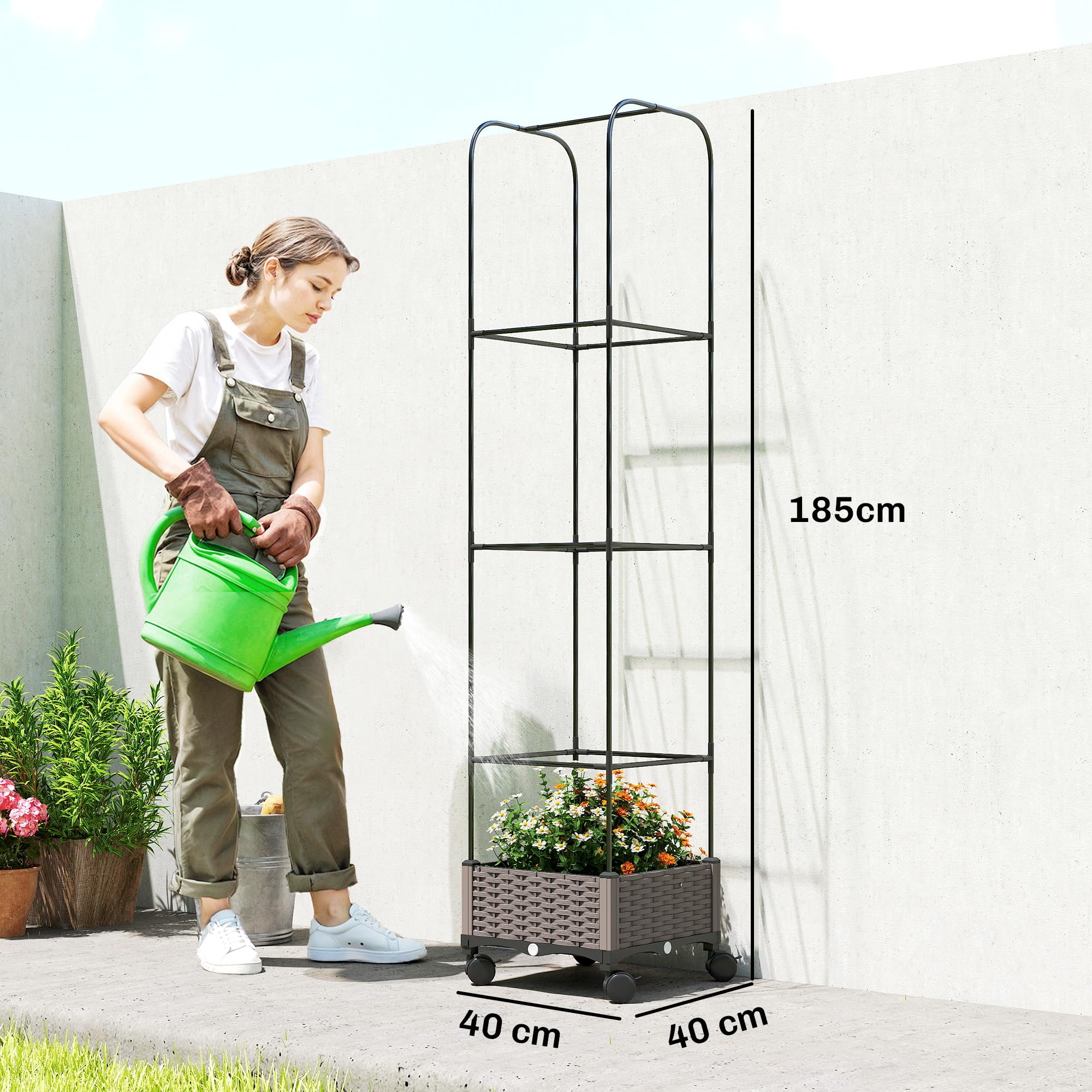 Outsunny Letto da Giardino Rialzato Alto 185 cm Autoirrigante in Metallo con Traliccio, con 4 Ruote Bloccabili per Piante Rampicanti, Fioriera con Fori di Drenaggio per Verdure e Fiori, Nero