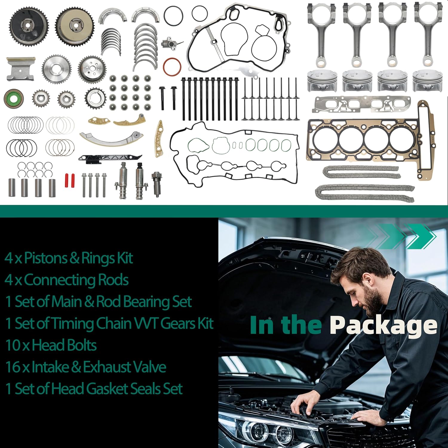 2.4L Engine Rebuild Overhaul Kit w/Timing Chain VVT & Rods Compatible with Chevrolet for Buick for GMC for Saturn for Pontiac, OE# 12654958 12609858 HS54874HS