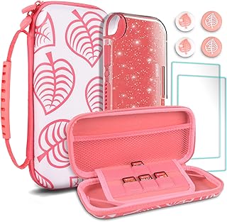 TIKOdirect Carrying Case for Nintendo Switch lite, Shockproof Portable Travel Bag with Glitter Galaxy case, Screen Protectors and Cute Leaf Thumb Grips Caps, Animal Crossing Pink