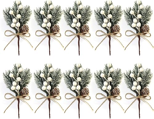 Dysetcs Paquete de 20 ramas de piñas artificiales de Navidad, ramas de pino de 5.9 pulgadas, tallos de bayas de acebo blanco, ramas de pino, tallos