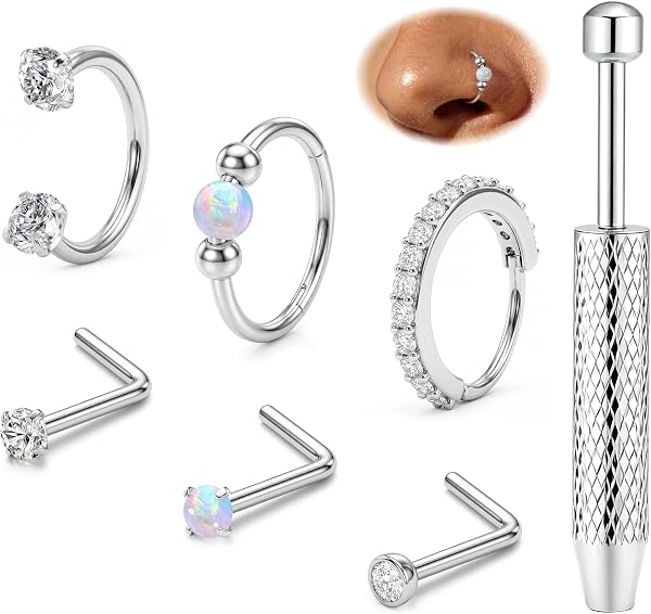 ORAZIO 6 Stück Nasenpiercing Chirurgenstahl Damen Septum Hufeisen Piercing Nasenpiercing Gold/Silber Stecker Septum Ringe Nose Nostril Piercing Nasenstecker L/S Nasenring Piercing - 1