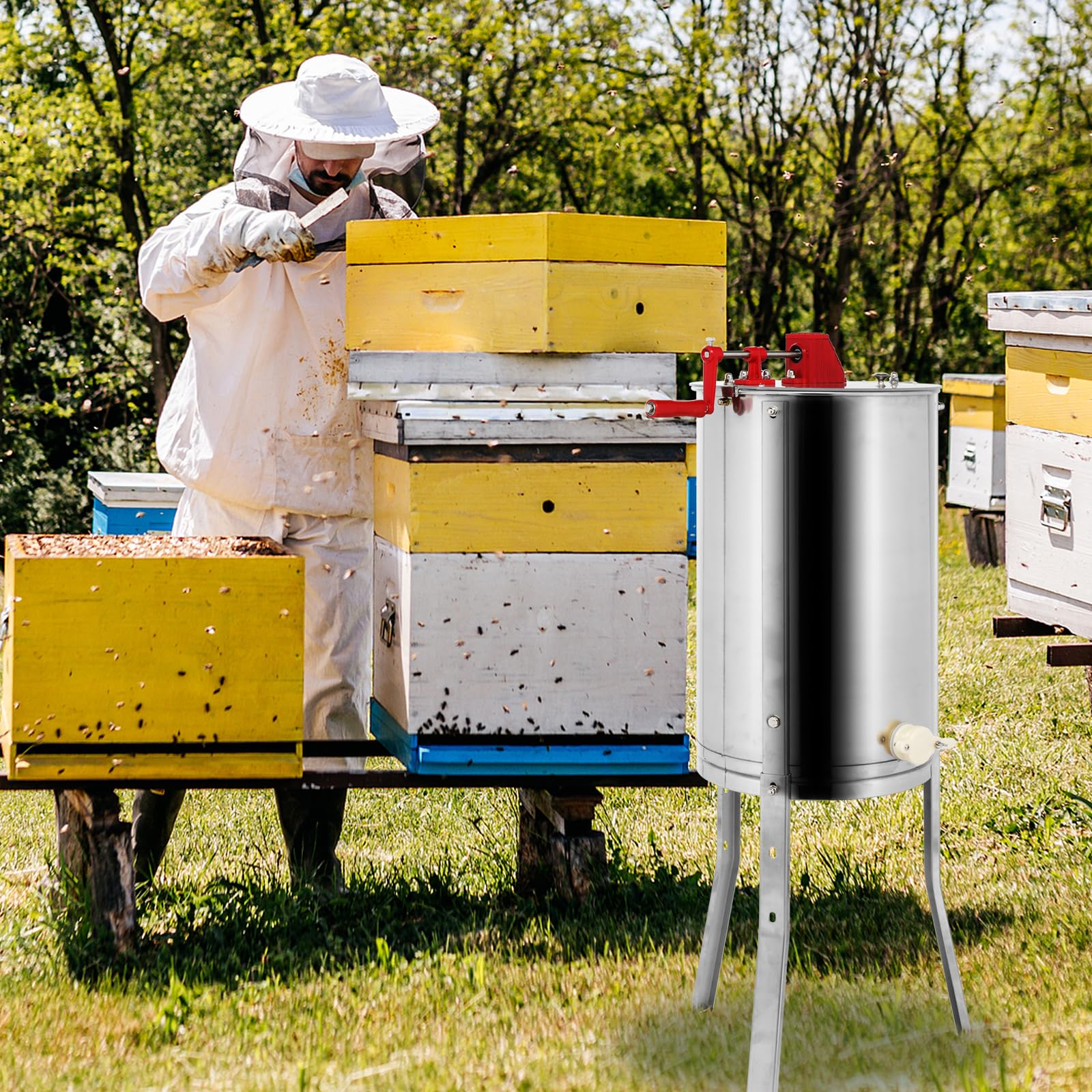 Bonnlo Extracteur de Miel Manuel, Centrifugeuse Séparateur Miel en Acier Inoxydable avec Support, Équipement d'Apiculture pour Extraction de Miel (3 CADRES)