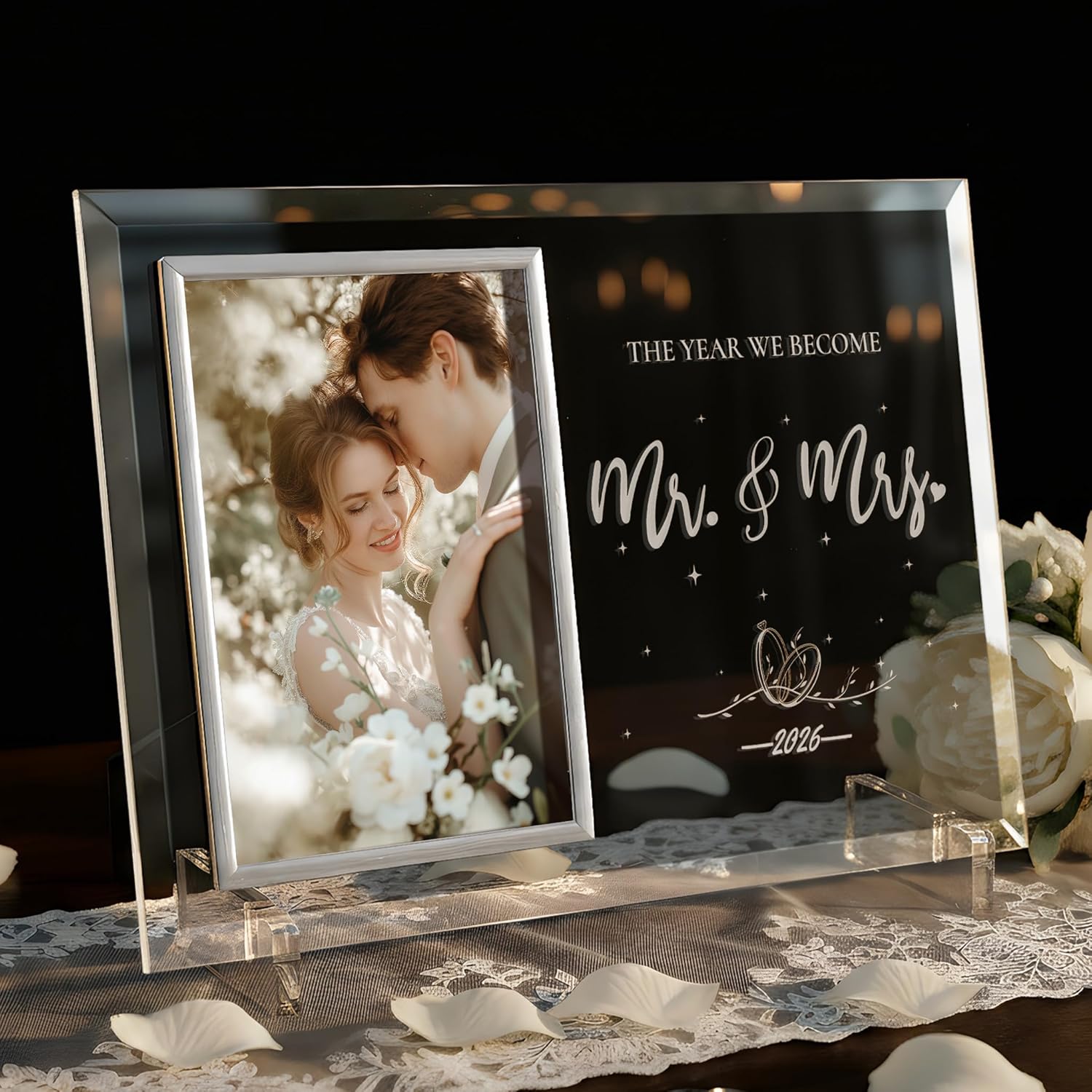 Wedding Gifts for Couples 2026, Engagement Anniversary Mr and Mrs Presents for Newlyweds, Bridal Shower Gift for Bride to be, Personalized Glass Picture Frame 4x6 for His and Her