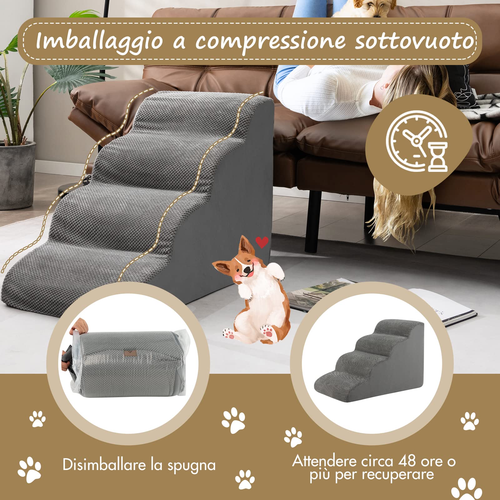 COSTWAY Rampa per Cani con 4 Scalini in Schiuma, Scala per Animali con Copertura Lavabile con Cerniera, Ideale per Animali Piccoli, Anziani e Feriti, 41 x 72 x 51 cm, Portata 30 kg
