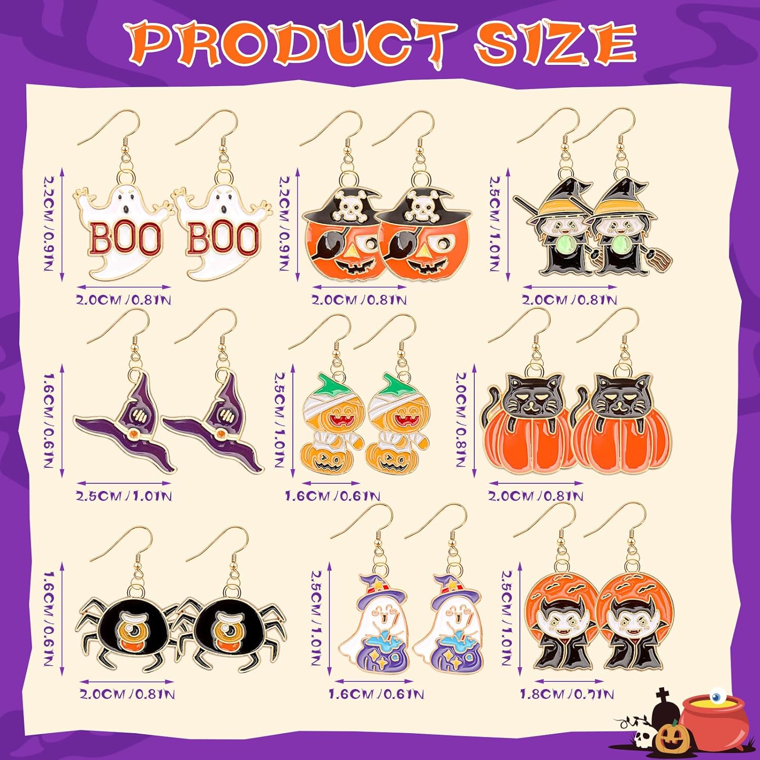 9 Pairs Halloween Enamel Earrings for Women Teen Girls Pumpkin Spider Black Cat Ghost Boo Witch Hat Spooky Earrings Halloween Earring Set for Holiday Decoration - Image 2