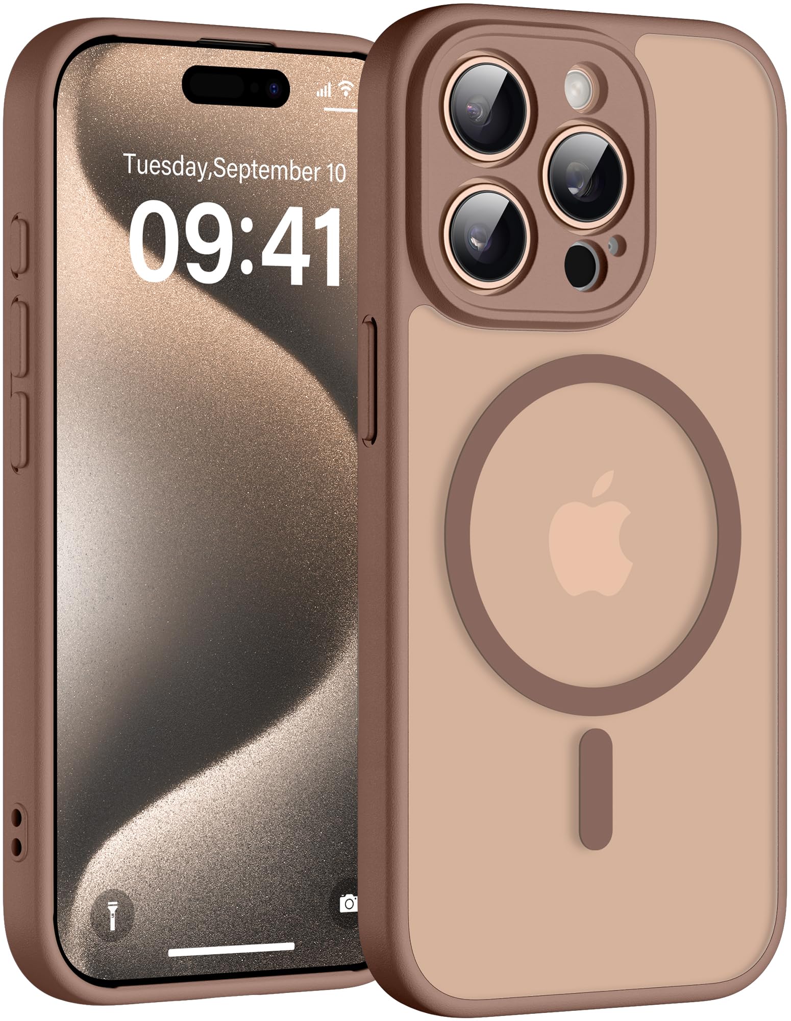 Helssitot für iPhone 15 Pro Max Hülle mit Magsafe, Militär-Grade Stoßfest Kratzfest Anti-Fingerabdruck Magnetisch Rückseite Matt Handyhülle für iPhone 15 Pro Max 6,7 Zoll,Braun