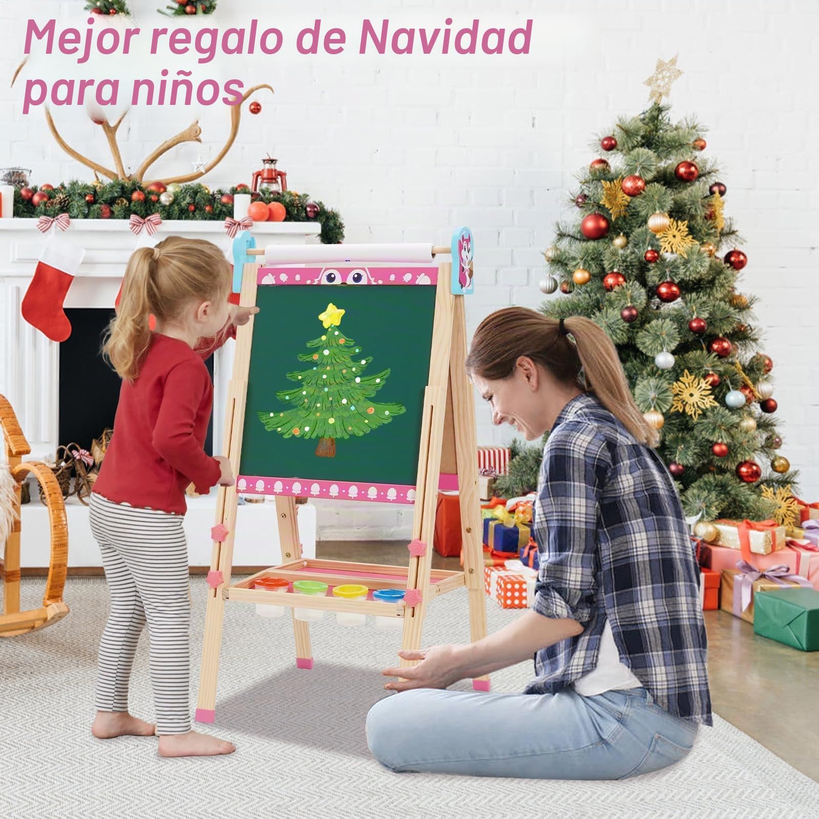 Caballete Infantil 3 en 1 Pizarra de Dibujo de Doble Cara de Madera Plegable con Rollo de Papel, Pizarra Blanca y Pizarra Caballete de Arte de Altura Ajustable 95-125cm Todo en Uno con 100+ Accesorios