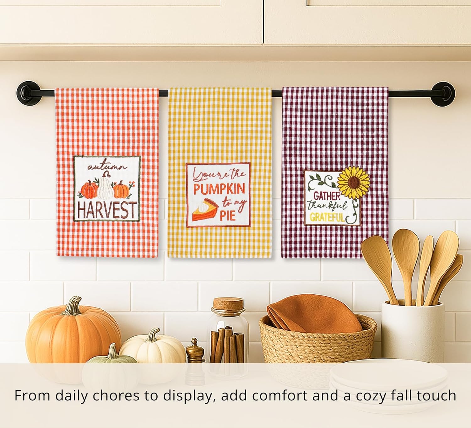 PurpleEssences Fall Thanksgiving Pumpkin Kitchen Towels Set of 3, 16x26 Inch, 100% Cotton – Absorbent, Multi-Purpose Dish, Hand, Tea and Bar Towels for Autumn - Thanksgiving Trio