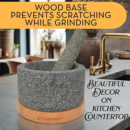 Miniatura 2 de Juego de mortero y mortero sin pulir grande  100% granito resistente  Molcajete Mexicano  Capacidad de 2 tazas  Base de madera duradera  Cuenco de