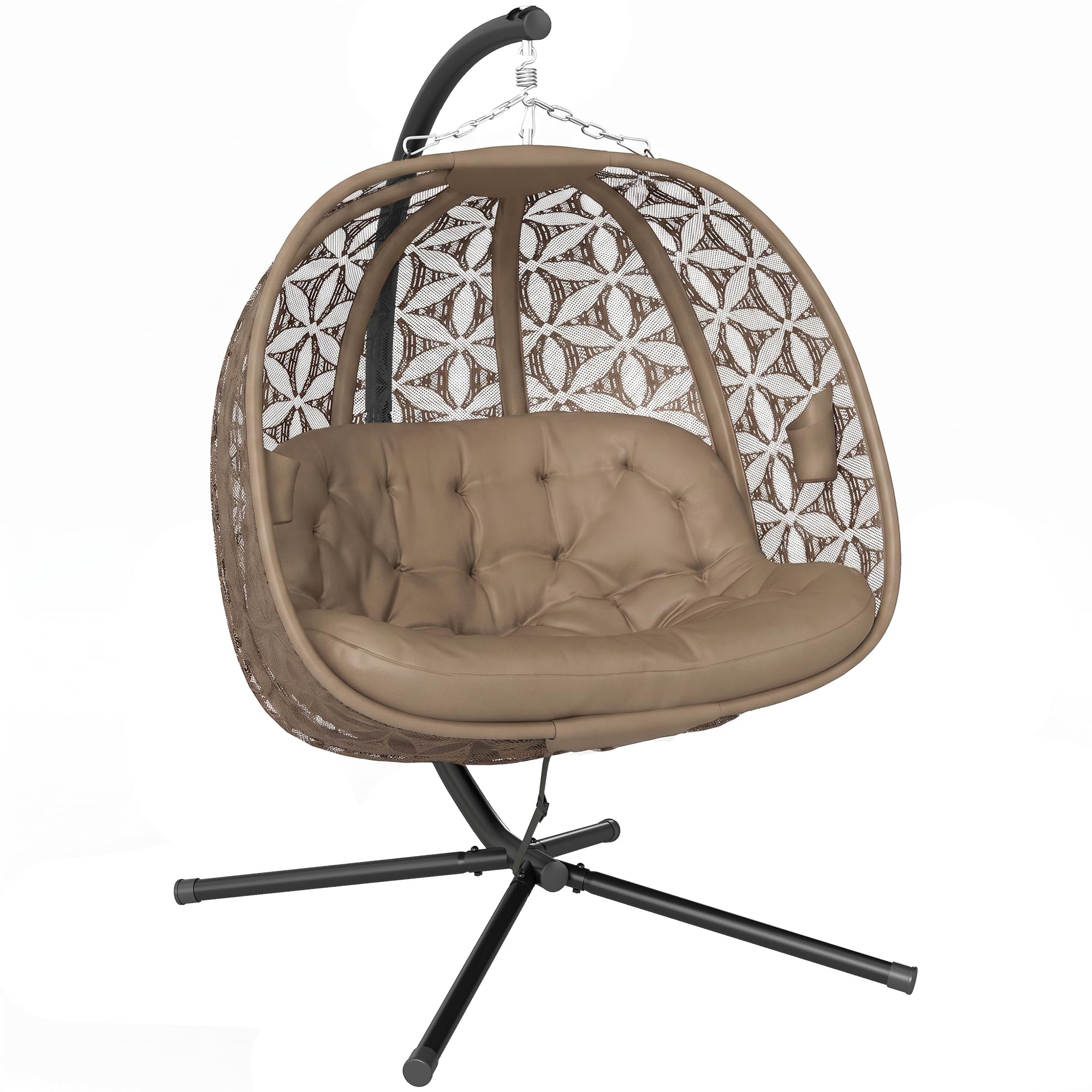 Outsunny Unisex Brown Double Hanging Swing Chair W/ Stand & Cup Holders In