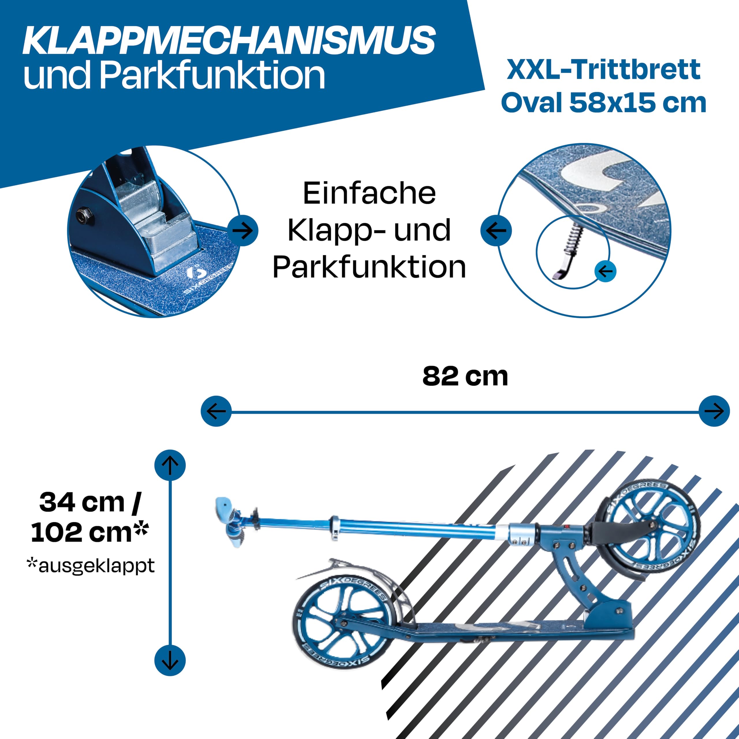 Six Degrees Aluminium Scooter mit Klappmechanismus, Ständer, 205 mm TESTSIEGER, ABEC 7, höhenverstellbar, GS-geprüft