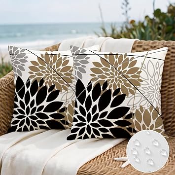 OTOSTAR Outdoor Black Brown Pillow Covers 16x16 Inch Set of 2 Light Brown Flower Throw Pillows Farmhouse Geometric Dahlia Floral Square Cushion Case Waterproof Decor for Sofa Patio Funiture Garden