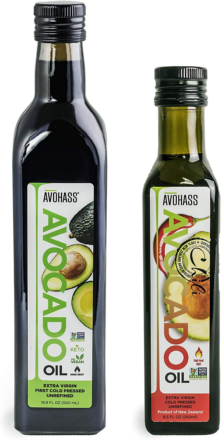 Avohass New Zealand Extra Virgin Avocado Oil 16.9 Fl Oz Bottle and Avohass New Zealand Chili Extra Virgin Avocado Oil 8.5 Fl Oz Bottle (Extra Virgin, Chili, 2 Pack)
