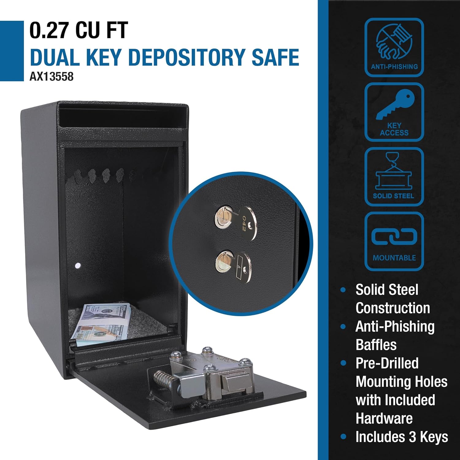 Winbest Steel Dual Key Cash Drop Depository Safe Mail Money Cash Drop Safe Box 12 in x 9 in x 6 in