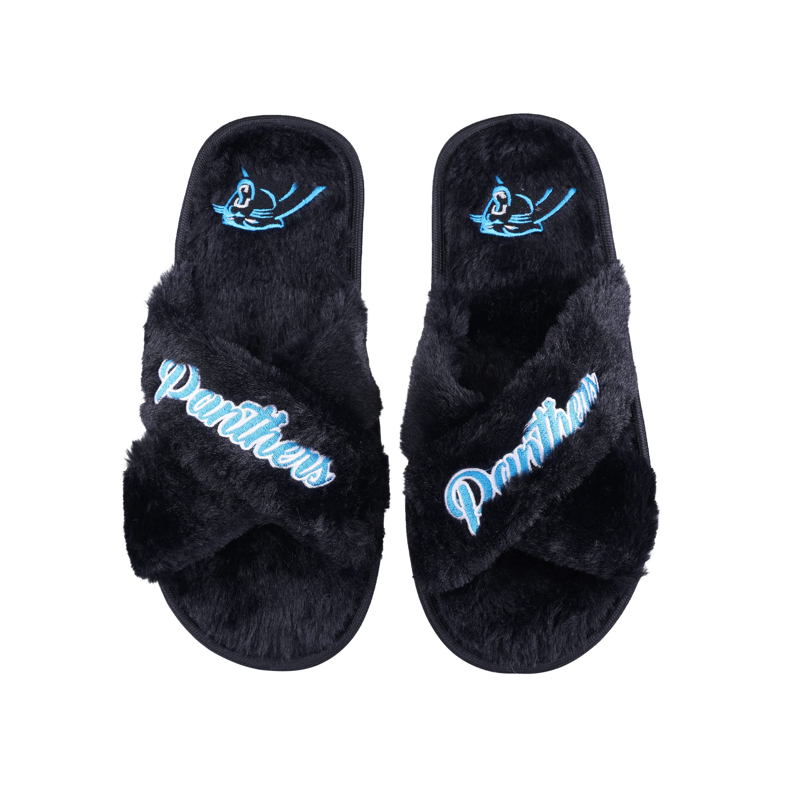 FOCO Womens NFL Team Script Wordmark Fuzzy Cross Slide Slippers